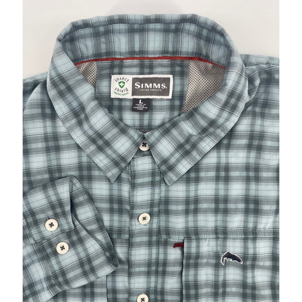 Simms Fishing Shirt Mens Lg Blue Plaid Insect Shield LS Vented Pockets Outdoor